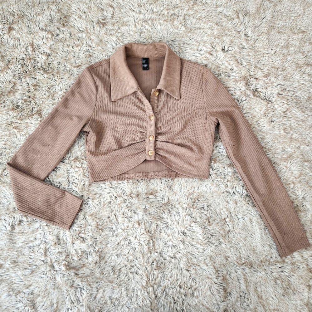 Cider Solid Knit Fabric Polo Crop Tee Long Sleeve in Brown Women's Size Large